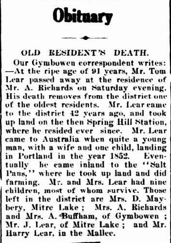 Obituary. (1919, February 18). The Horsham Times (Vic. : 1882 - 1954), p. 5. Retrieved March 8, 2013, from http://nla.gov.au/nla.news-article72993062