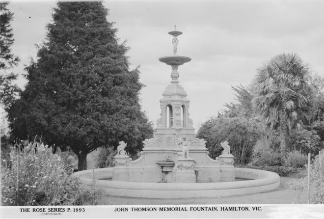 JOHN THOMSON MEMORIAL FOUNTAIN, HAMILTON BOTANICAL GARDENS. Image Courtesy of the State Library of Victoria. Image no. H32492/2808 http://handle.slv.vic.gov.au/10381/63460