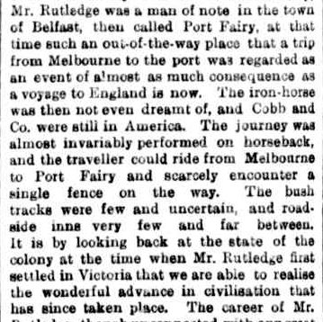 DEATH OF MR. WILLIAM RUTLEDGE, OF FARNHAM. (1876, June 2). The Argus (Melbourne, Vic. : 1848 - 1957), p. 5. Retrieved June 25, 2013, from http://nla.gov.au/nla.news-article5890095