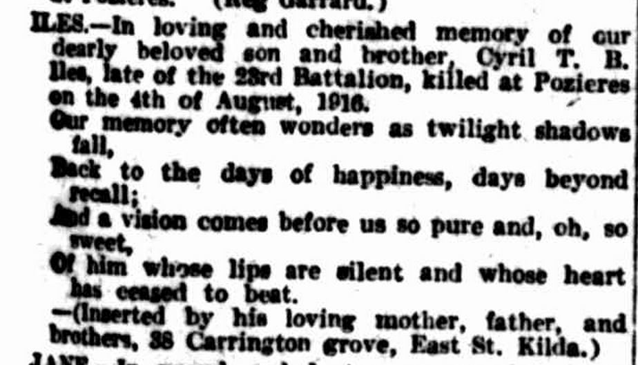 "Family Notices." The Argus (Melbourne, Vic. : 1848 - 1957) 4 Aug 1921: .