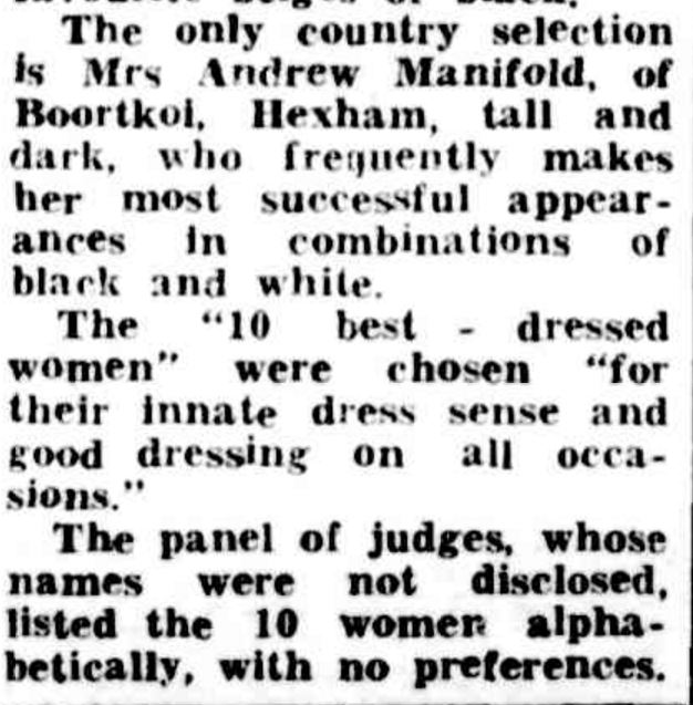 ""Grannies" among best-dressed" The Argus (Melbourne, Vic. : 1848 - 1957) 12 January 1950: 3. Web. 28 Feb 2017 .